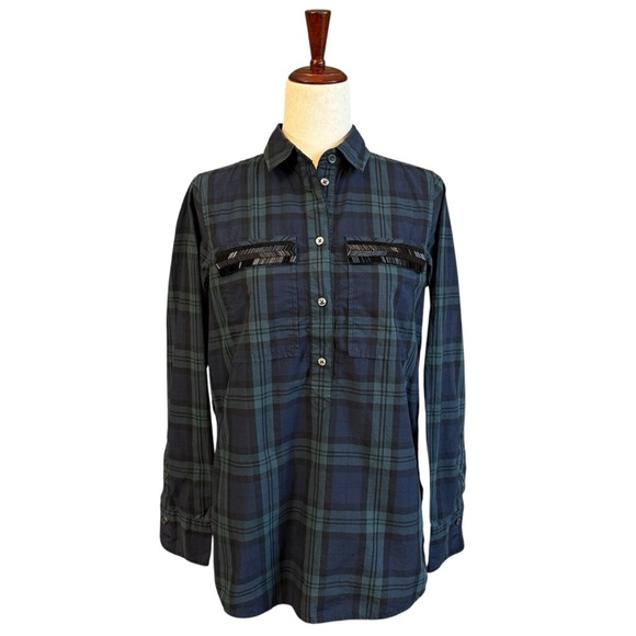 J. Crew Plaid Button Down Shirt Beaded Pockets Blue & Green Size 4 #1809 - Picture 2 of 6